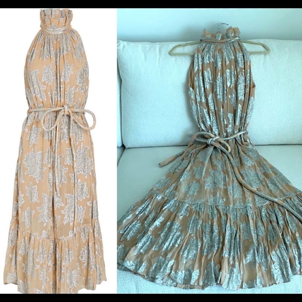 NWT IRO METALLIC SILVER FLORAL SILK PRINT TIE WAIST HIGH NECK DRESS EU 34 / US 2